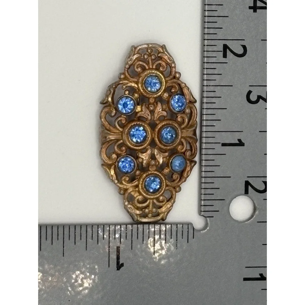 Antique Victorian Gilded Brass  Blue‎ Glass Pin Brooch C-clasp